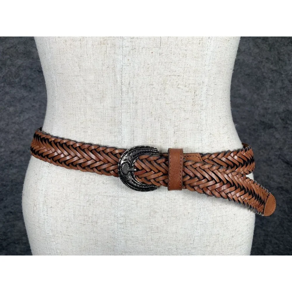 Vintage Womens Braided Belt Leather Brown Medium Solid Silver Tone Buckle Nice‎